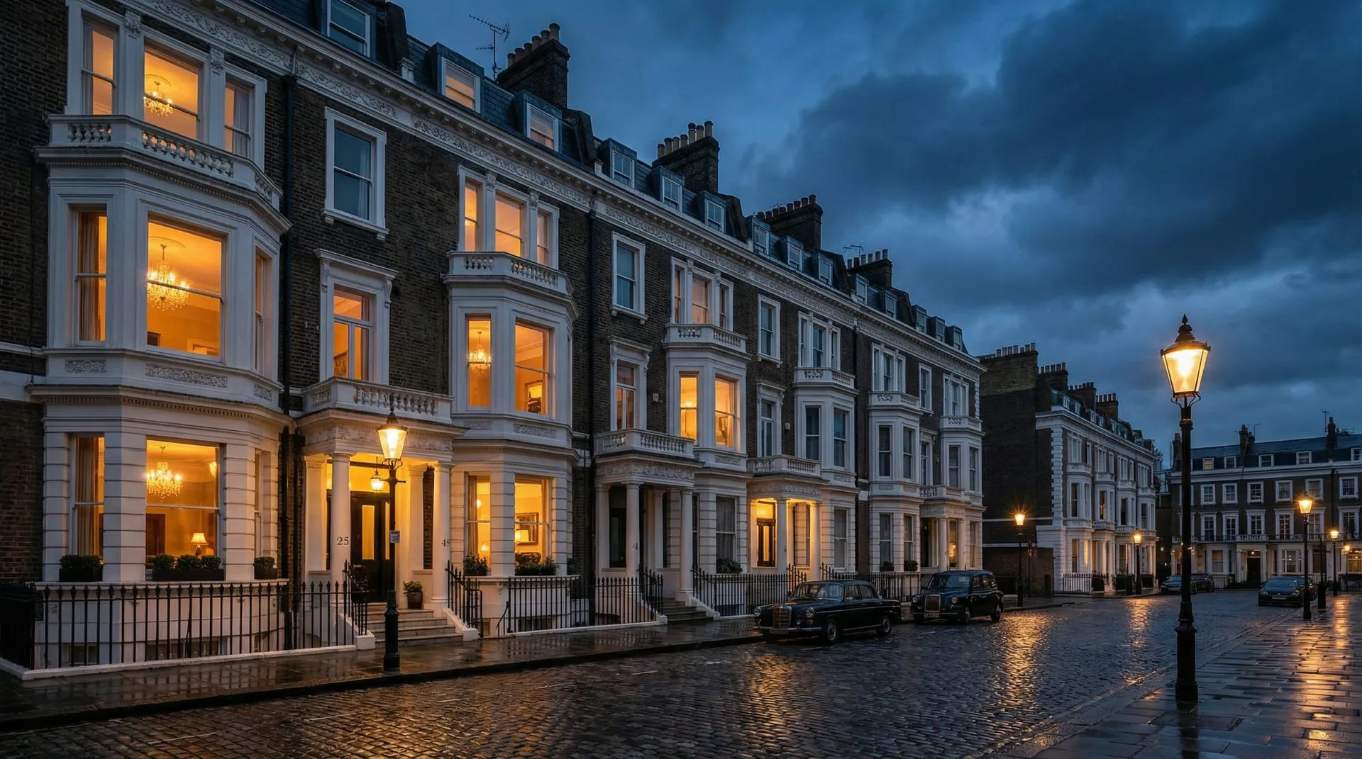 Victorian terraced houses at dusk